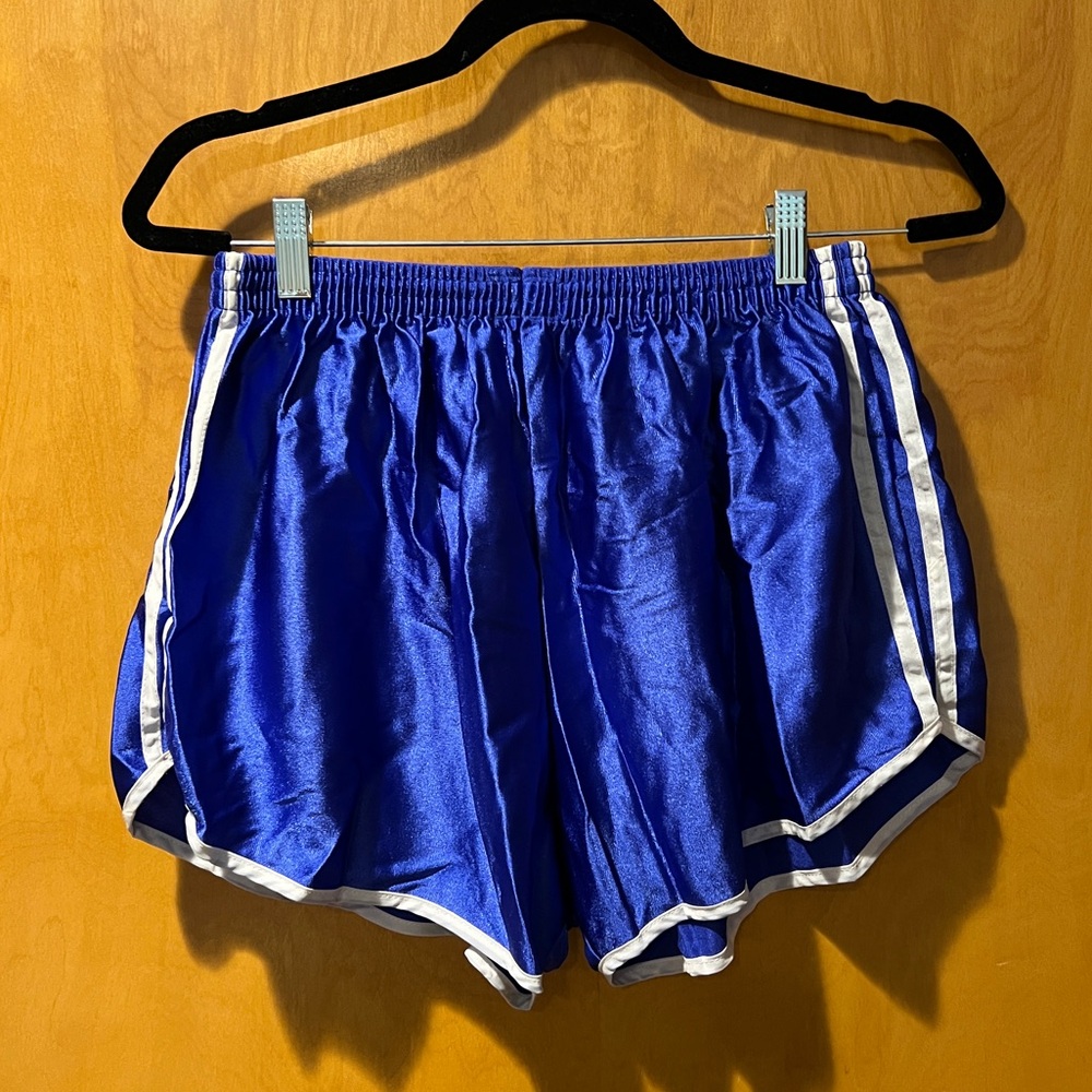 Royal blue and white vintage athletic short shorts with elastic waistband
